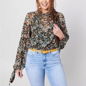 Free People Green All Dolled Up Floral Cropped Long Sleeve Blouse Sz. S